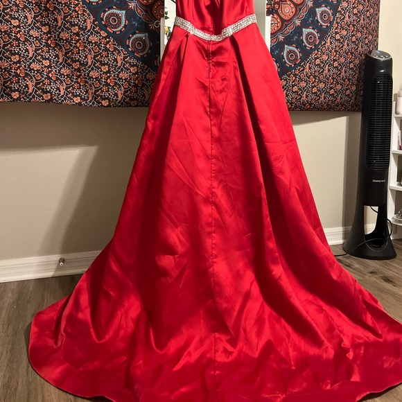 A-Line Halter Red Satin Rhinestone Waist Prom Dress - Picture 5 of 5